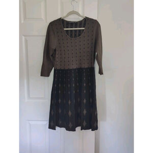 Nina‎ Leonard Long Sleeve Olive Green & Black Geo Print Sweater Dress Women's L